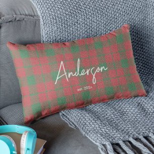 Stylish Red & Green Muted Holiday Colour Plaid Lumbar Cushion