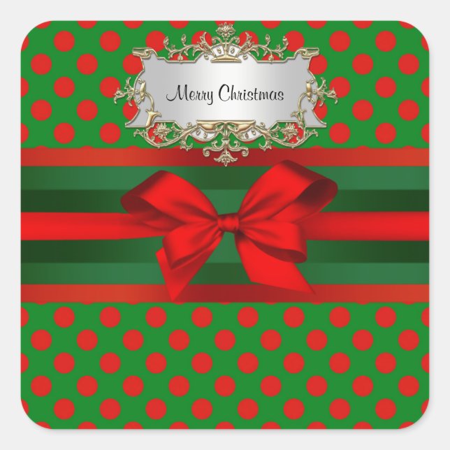 Stylish Red & Green Polka Dot Ribbon Christmas Square Sticker (Front)