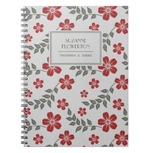 Stylish Red Grey Flowers and Leaves Personalised Notebook
