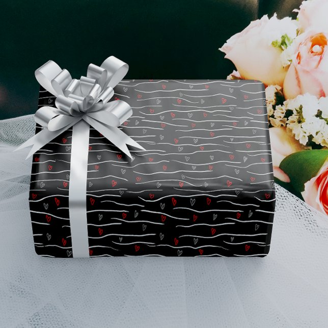 Stylish Red Grey Hearts and Strippes Pattern  Wrapping Paper (Creator Uploaded)