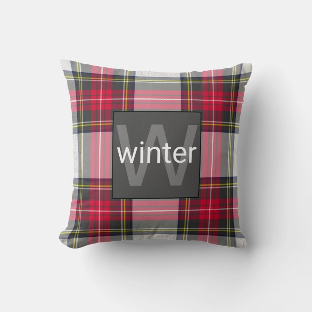 Stylish Red|Grey Tartan Plaid Monogrammed|Name Cushion (Front)