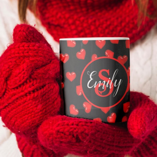 stylish Red heart pattern on black monogrammed Coffee Mug (Creator Uploaded)