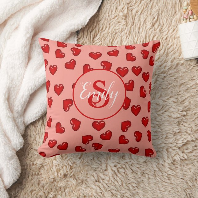 stylish Red heart pattern on peach pink monogramed Cushion (Blanket)