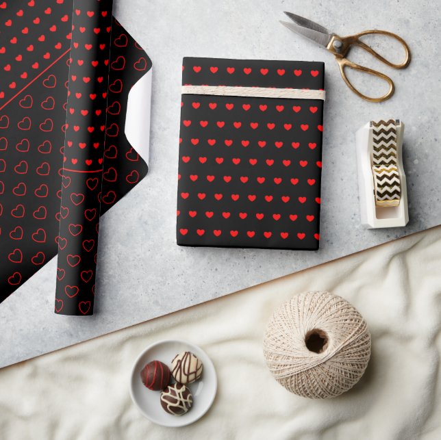 Stylish Red Hearts Pattern On Black Wrapping Paper (Crafts)