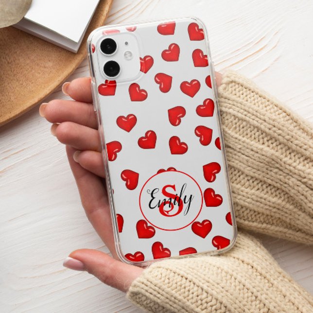 Stylish Red hearts pattern on white monogrammed Case-Mate iPhone Case (Creator Uploaded)