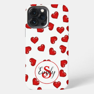 Stylish Red hearts pattern on white monogrammed iPhone 13 Pro Max Case