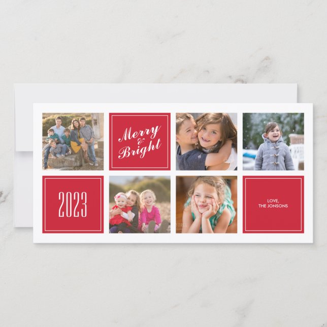 Stylish Red Merry Bright 5 Collage Photo Card (Front)
