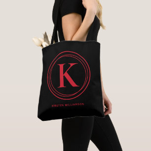 Stylish Red Monogram Name Black Tote Bag
