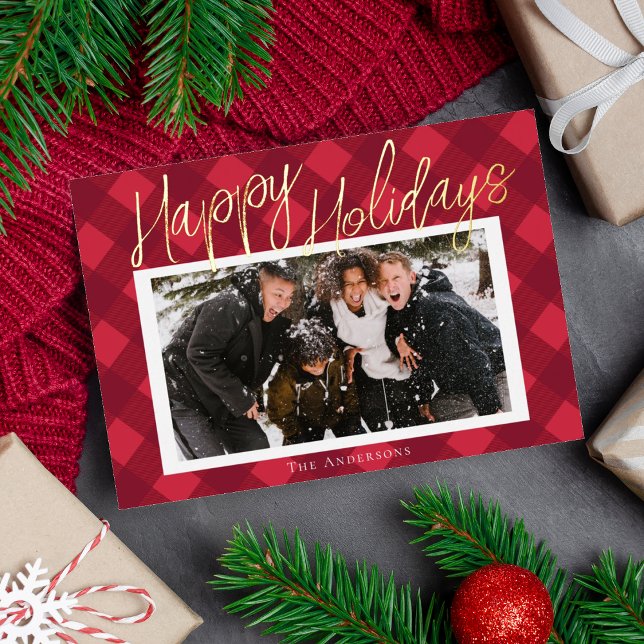 Stylish Red Plaid Photo Foil Holiday Card (Creator Uploaded)