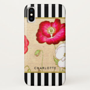 Stylish Red Poppy Floral Black Stripes With Name iPhone X Case