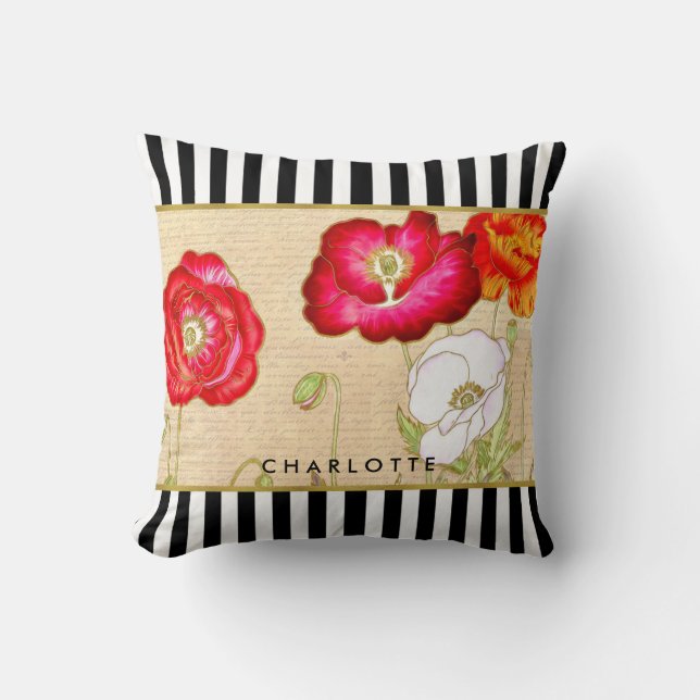 Stylish Red Poppy Floral Black Stripes With Name Cushion (Front)