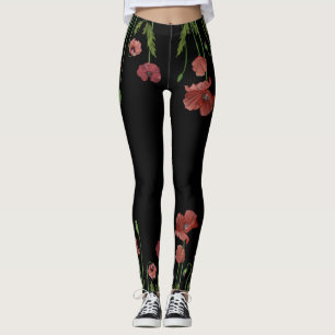 Stylish red poppy flower patterned leggings