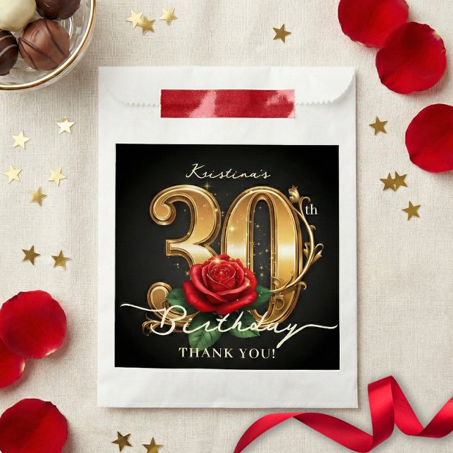 Stylish Red Rose Black Gold Glitter 30th Birthday Favour Bag (Creator Uploaded)