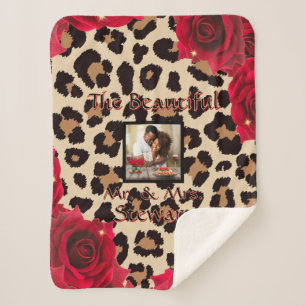Stylish Red Rose Leopard Print With Photo Small Sherpa Blanket
