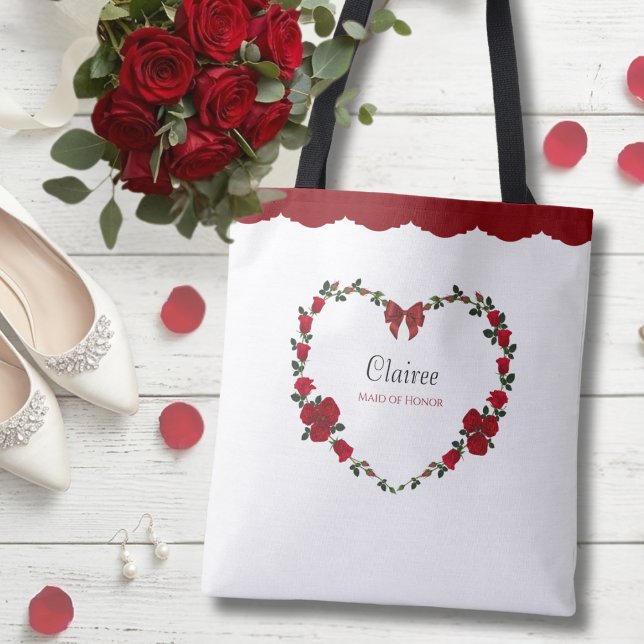 Stylish Red Rose Maid of Honor Gift Tote Bag (Honor your right-hand woman with this elegant red rose heart gift tote.)