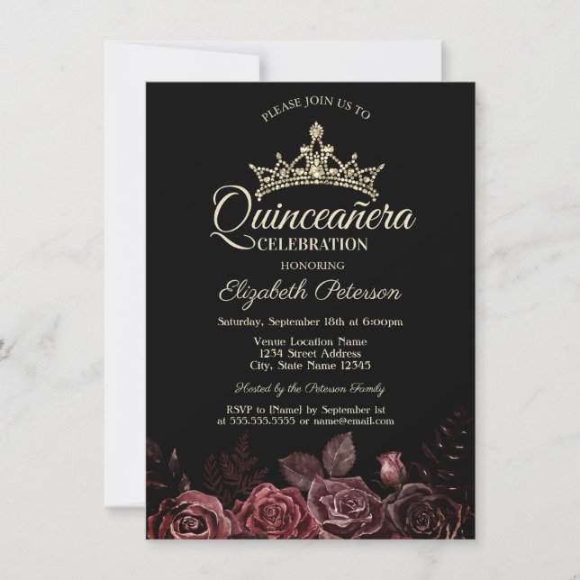 Stylish Red Roses Gothic Quinceañera  Invitation (Front)