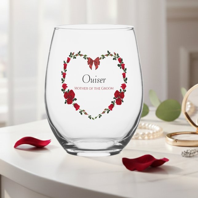 Stylish Red Roses Mother of Groom Gift Stemless Wine Glass (Sophisticated red rose wine glass—a lovely keepsake for the Mother of the Groom.)