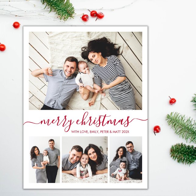 Stylish Red Script 4 Photo Collage Christmas Postcard (Creator Uploaded)