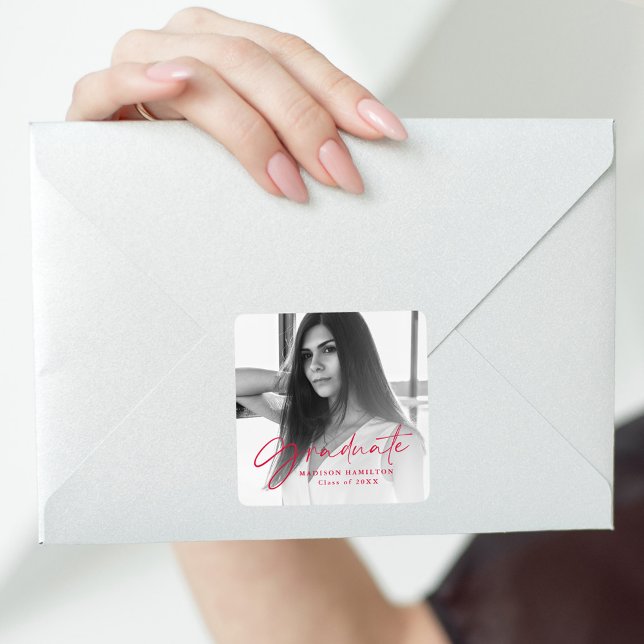 Stylish Red Script Photo Graduation Square Sticker (Creator Uploaded)