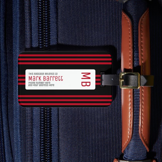 Stylish Red Stripes Monogrammed (name & initials) Luggage Tag (Front Insitu 4)