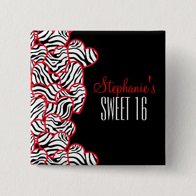 Stylish Red Sweet 16 Zebra Heart Design Name  15 Cm Square Badge (Front)