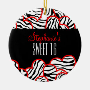 Stylish Red Sweet 16 Zebra Heart Design Name  Ceramic Ornament