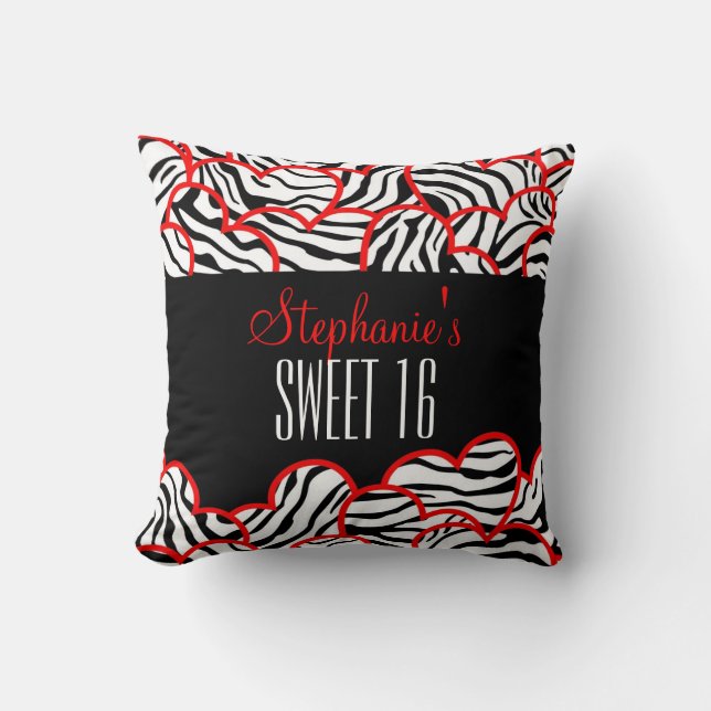 Stylish Red Sweet 16 Zebra Heart Design Name  Cushion (Front)