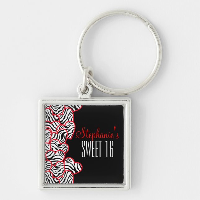 Stylish Red Sweet 16 Zebra Heart Design Name  Key Ring (Front)