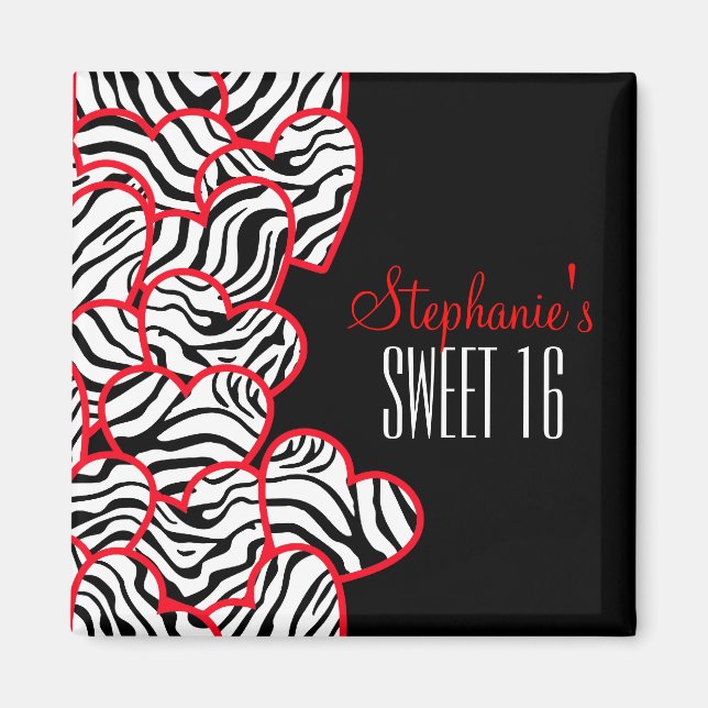 Stylish Red Sweet 16 Zebra Heart Design Name  Magnet (Front)