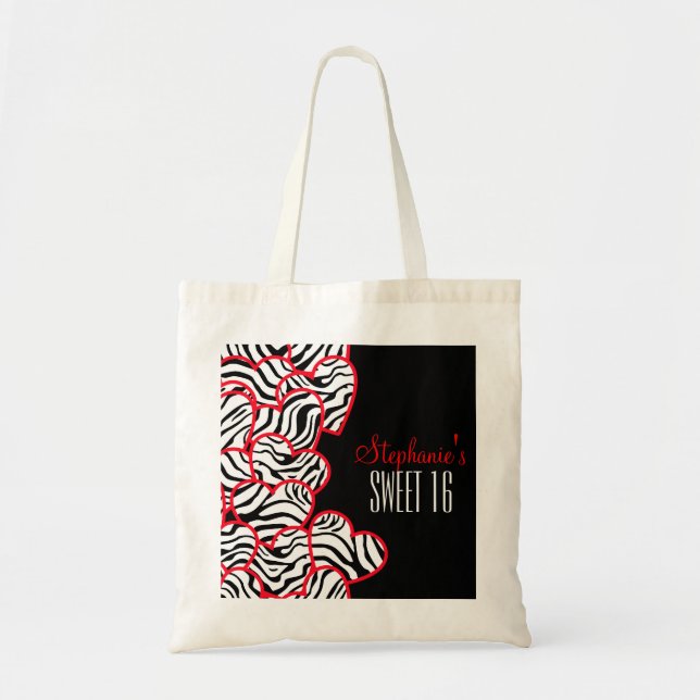 Stylish Red Sweet 16 Zebra Heart Design Name  Tote Bag (Front)