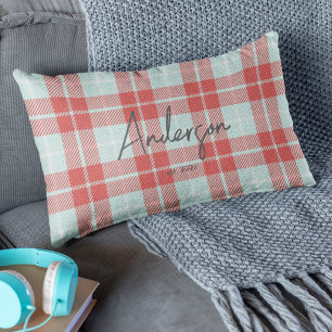 Stylish Red & Teal Bright Modern Holiday Plaid Lumbar Cushion