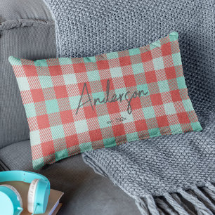 Stylish Red & Teal Bright Modern Holiday Plaid Lumbar Cushion