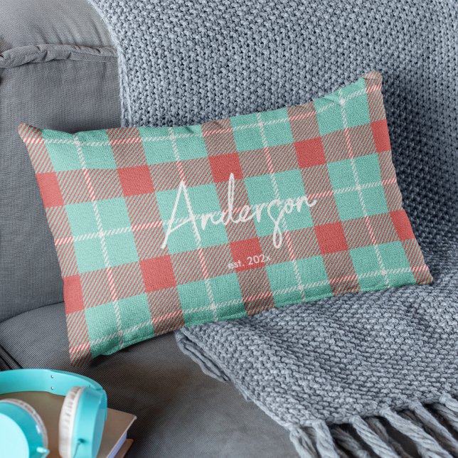 Stylish Red & Teal Bright Modern Holiday Plaid Lumbar Cushion (Creator Uploaded)