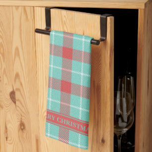Stylish Red & Teal Family Holiday Color Plaid Tea Towel