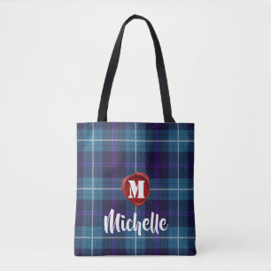 Stylish Red Wax Seal Monogram Name Script Tartan Tote Bag