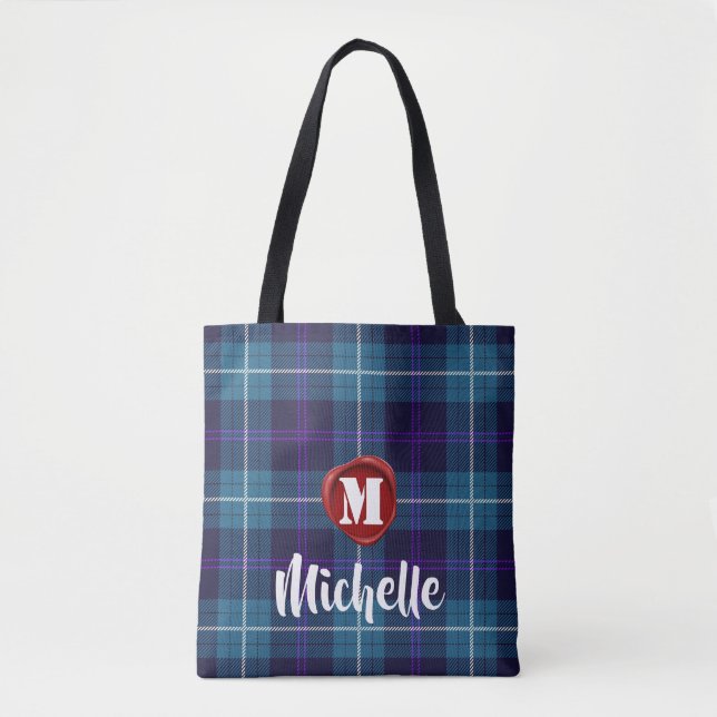 Stylish Red Wax Seal Monogram Name Script Tartan Tote Bag (Front)