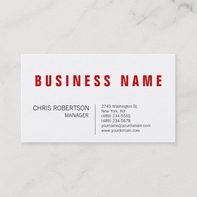 Stylish Red White Manager Business Card (Front)