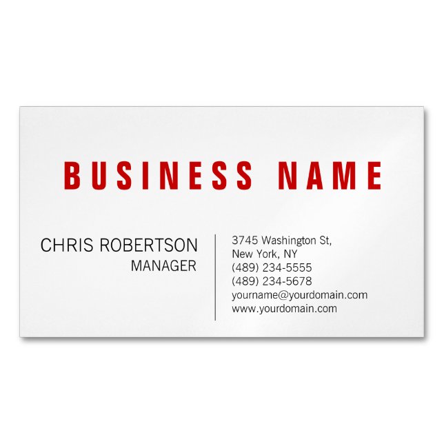 Stylish Red White Modern Minimalist Unique Magnetic Business Card (Front)