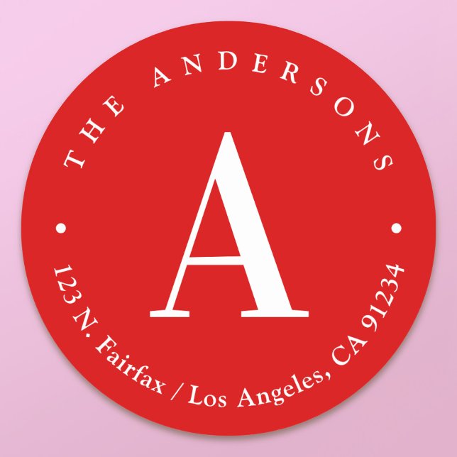 Stylish Red & White Monogram Return Address Classic Round Sticker (Creator Uploaded)
