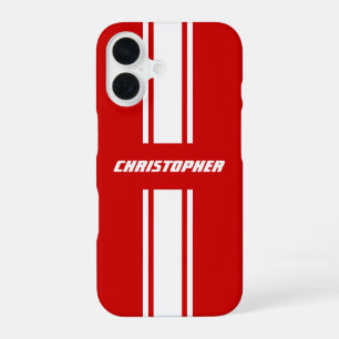 Stylish Red White Racing Stripes Monogrammed Boys iPhone 16 Case