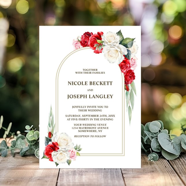 Stylish Red White Rose Floral Arch Wedding Invitation (Creator Uploaded)