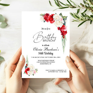 Stylish Red White Rose Floral Birthday Brunch Invitation