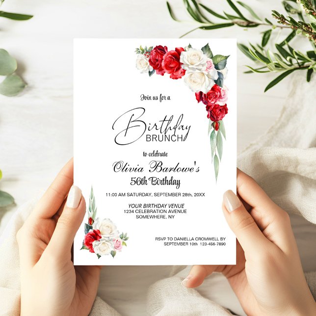 Stylish Red White Rose Floral Birthday Brunch Invitation (Creator Uploaded)