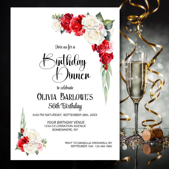 Stylish Red White Rose Floral Birthday Dinner Invitation (Creator Uploaded)