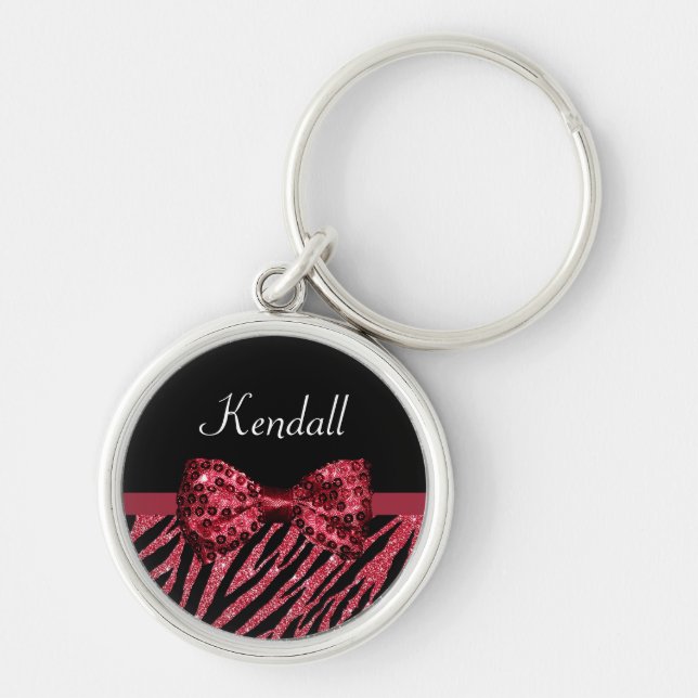 Stylish Red Zebra Print FAUX Glitz Bow With Name Key Ring (Front)