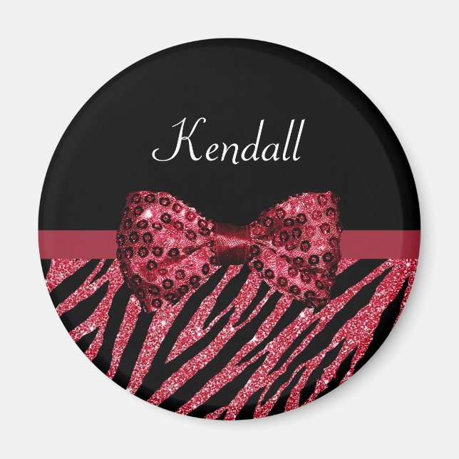 Stylish Red Zebra Print FAUX Glitz Bow With Name Magnet (Front)