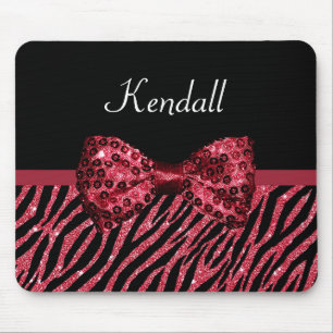 Stylish Red Zebra Print FAUX Glitz Bow With Name Mouse Pad