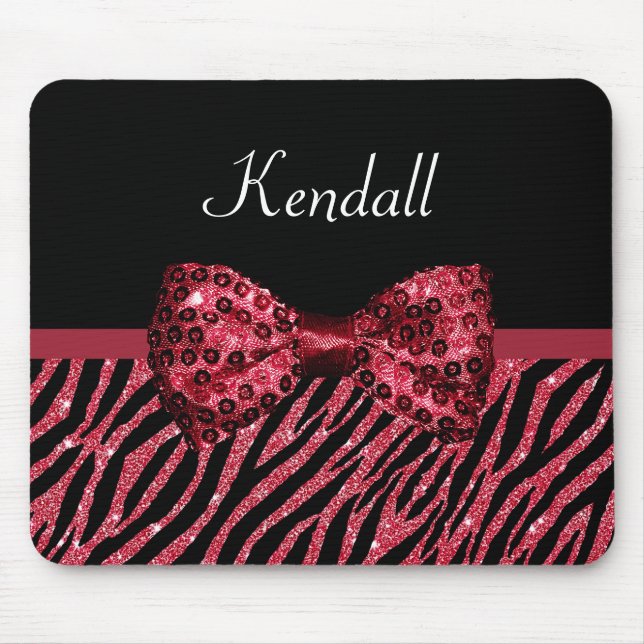 Stylish Red Zebra Print FAUX Glitz Bow With Name Mouse Pad (Front)