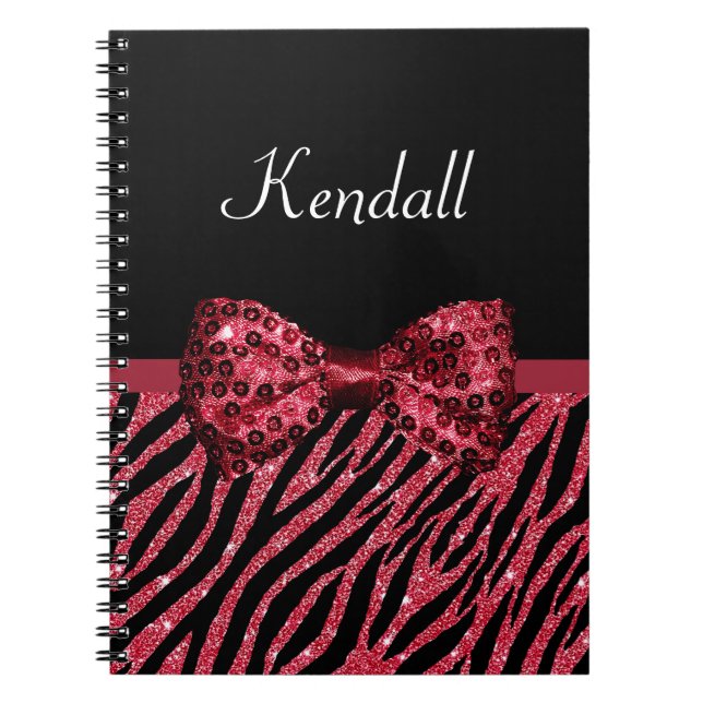Stylish Red Zebra Print FAUX Glitz Bow With Name Notebook (Front)