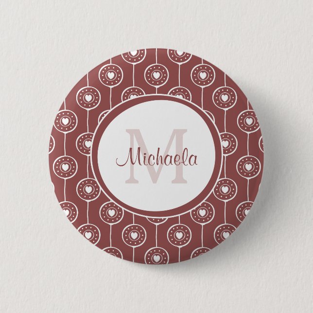 Stylish Reddish Brown Hearts Monogram With Name 6 Cm Round Badge (Front)